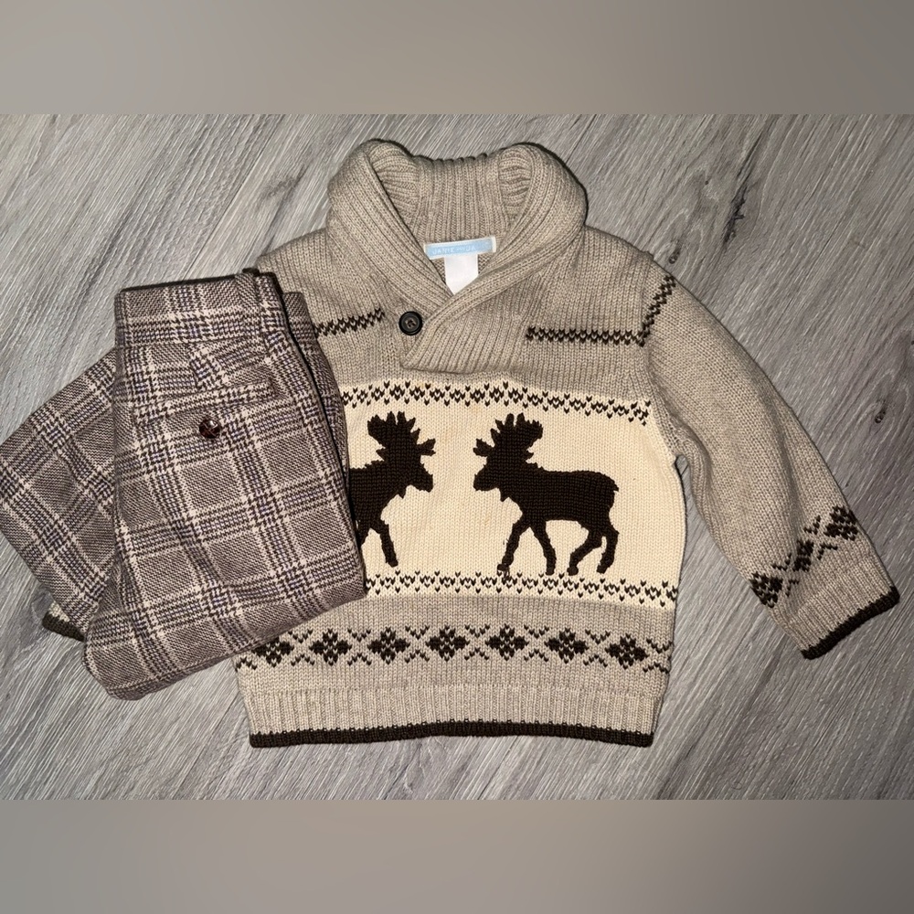 Janie and Jack sweater moose set outfit Christmas plaid wool